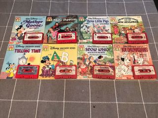 Vintage Walt Disney Read Along 8 Cassette Tapes And Matching Books
