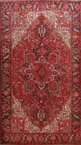 Vintage Red Geometric Traditional Heriz Area Rug Hand - Knotted Wool 8 