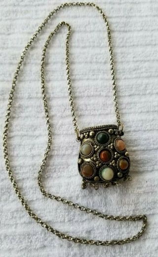 Vtg Tibetan White Metal? Coin Purse? Prayer Box? Stone Agate Necklace Link Chain