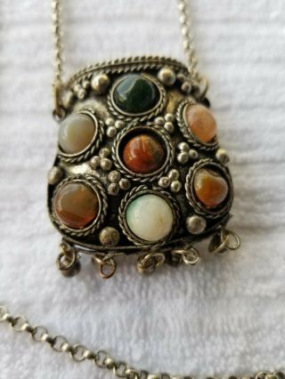 Vtg Tibetan White Metal? Coin Purse? Prayer Box? Stone Agate Necklace Link Chain 2