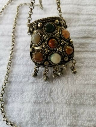 Vtg Tibetan White Metal? Coin Purse? Prayer Box? Stone Agate Necklace Link Chain 3