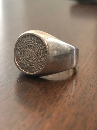 Vintage Solid Sterling Silver 925 Aztec / Mayan Calendar Mexico Ring Size 9