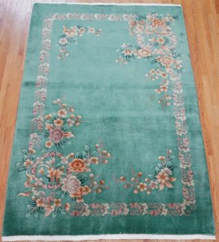 Chinese Art Deco Hand Knotted Wool Green Oriental Rug Hand - Cleaned 5 
