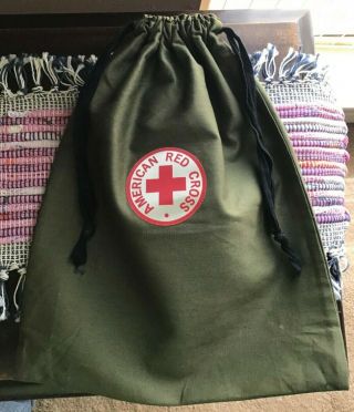 Vintage American Red Cross Green Drawstring Cloth Bag Army Green