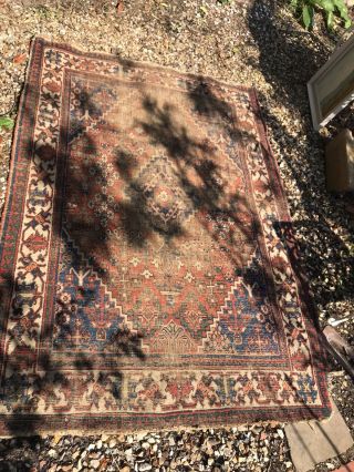 Large Old Vintage Hand Woven Worn Distressed Rug 4.  8 ft X 7 ft 2