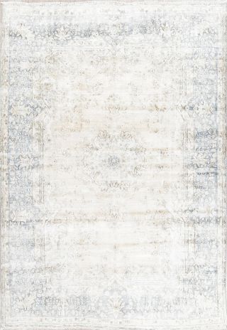 Antique Muted Floral Ivory/blue Distressed Area Rug Handmade Oriental Wool 8x11