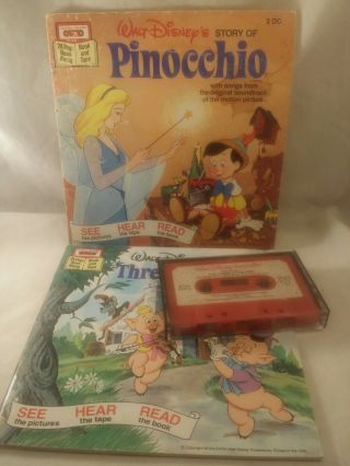 Walt Disney Pinocchio / Three Little Pigs Cassette Tape And Story Books