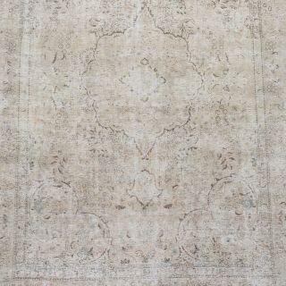 Antique Geometric Muted Tebriz Area Rug Distressed Low Pile Hand - Knotted 9x12 Ft