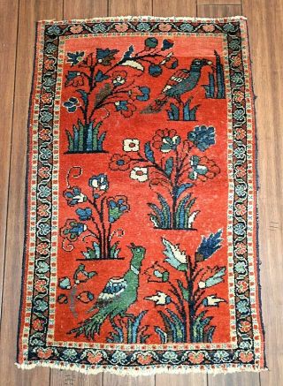Antique Handmade Oriental Style Wool Throw Rug,  Bird Flowers Red Blue,  24 " X 39 "