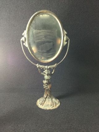 Vintage Art Nouveau Lady Nymph Figure Brass Bronze Table Top Vanity Mirror Rare