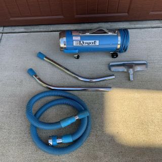 Vintage Royal (model 401) Blue Canister Vacuum Cleaner With Attachments
