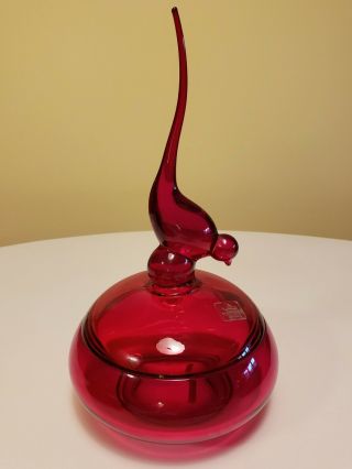 Vintage Viking Glass Epic Ruby Long Tailed Bird Lidded Candy Dish Red Bowl
