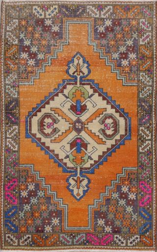 Vintage Geometric Orange Anatolian Turkish Area Rug Hand - Knotted Wool Carpet 4x6