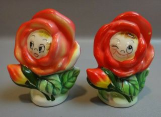 Vintage 1960 " S Py Anthropomorphic Rose Flower Face Salt And Pepper Set
