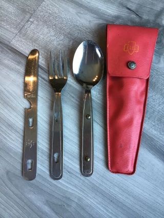 Vintage Girl Scout Camping Travel Silverware With Red Case