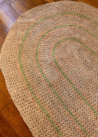 Antique Primitive Braided Rag Rug Oval Large Farmhouse Pink & Green