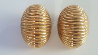 Christian Dior Vintage Ribbed Dome Clip - On Signed Costume Gold Large Earrings