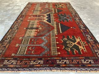 Authentic Hand Knotted Vintage Afghan Balouch Pictorial Wool Area Rug 5 X 3 Ft