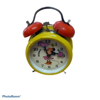 Vintage Walt Disney Minnie Mouse Alarm Clock Bradley Yellow Wind Up Germany
