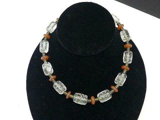 Art Deco Vintage French Crystal Glass Bead Coral Oval Bronze Barrel Necklace 15 "