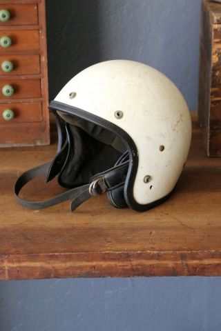 Vintage Open Faced Motorcycle Helmet White Lsi With Leather Straps Bell Buco Era