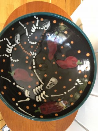 Vintage Handmade Art Pottery Day Of The Dead Taos Mexico Large Bowl Skeleton