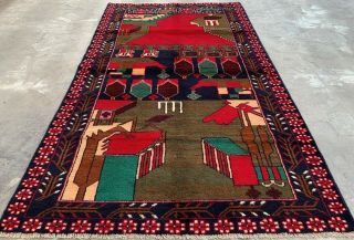 Authentic Hand Knotted Afghan Balouch Pictorial Wall Hanging Wool Area Rug 6 X 4