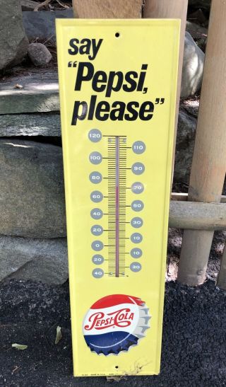 Vintage Say Pepsi Please Tin Litho Sign Thermometer 27 "