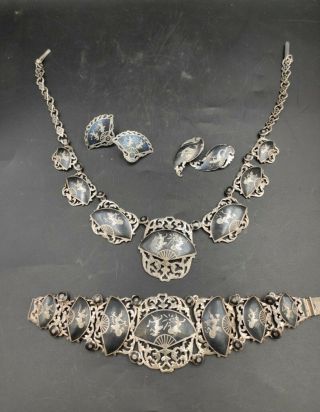 Vintage Sterling Silver Necklace,  Bracelet And Earrings Set.  Made In Siam.