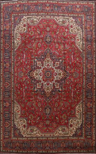 Vintage Geometric Red Tebriz Oriental Area Rug Hand - Knotted Living Room 10x13 ft 2