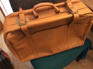 Vintage European Leather Luggage Suitcase W/lock & Key.  22” X 13” X 8”