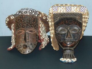 Two Old Vintage African Kuba Tribe Royalty Masks Decorated With Shells & Beads