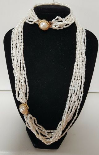 Vintage Sterling Silver 9 Strand Freshwater Rice Pearl Necklace & Bracelet