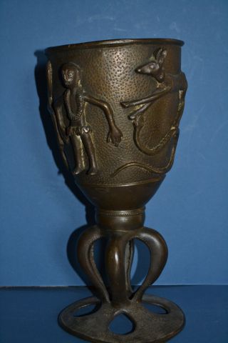Rare Large Antique Early 20th Century African Benin Bronze Tribal Goblet,  C1920
