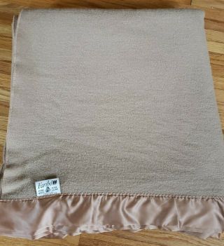 Vtg Faribo 100 Wool Queen Blanket Beige Tan Satin Trim 90×95 Vtg Mcm Midcentury