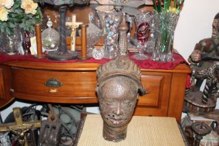 Antique African Bronze Metal Bust Sculpture Lifelike Headdress Benin Bronze