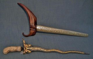 Antique Indonesian Kris Keris Sword Dagger Molar Fossil Hilt Gold Naga Blade