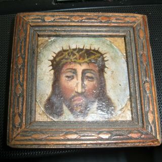 Vintage Oil Painting On Board Over Wood Of Divine Face Of Jesus Framed