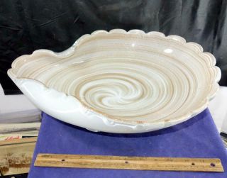 Vintage White W Gold Speckles Swirled Murano Shell Large Bowl Poss Fratelli Toso