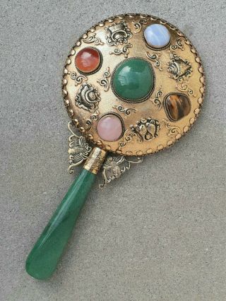 Vintage Chinese Gilt Hand Mirror W/jade? Handle & Multi Stone Decoration