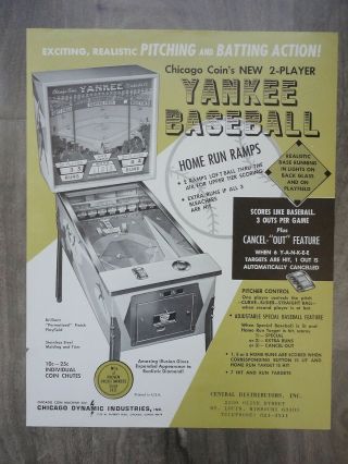 Yankee Baseball Pinball Machine Flyer Chicago Coin Pitch & Bat