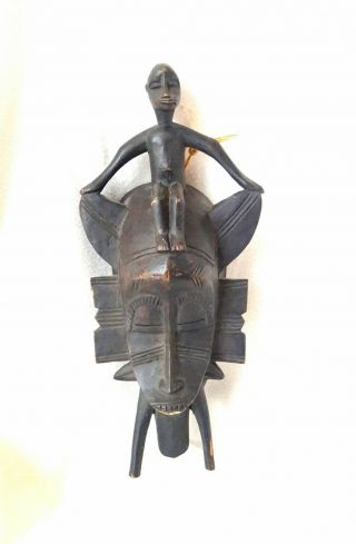 Vintage African Hand Carved Wood Tribal Wall Art Mask W/ Boy Sitting On Top▪16x7