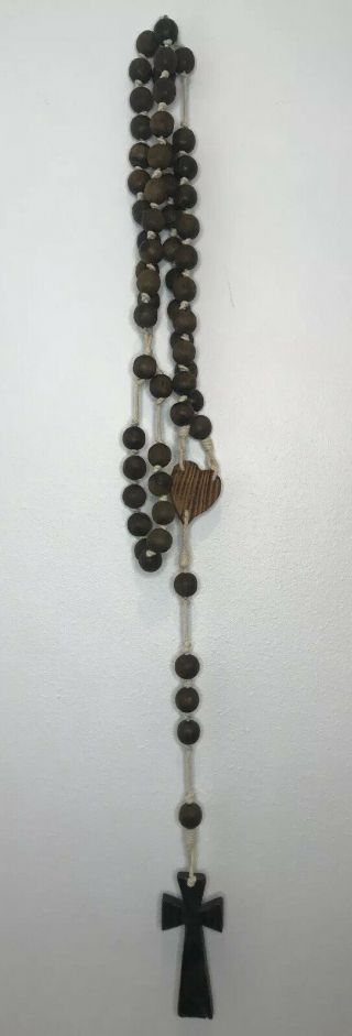 Vintage Rosary Huge Large Wood Beads Home Wall Catholic Crucifix Cross 78”