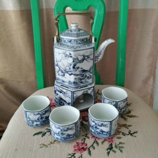 Vintage Asian Chinoiserie Ceramic Blue White Tea Set With Warmer Teapot And Cups