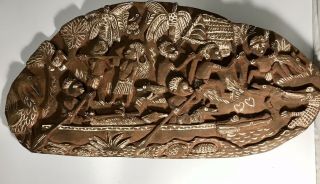 Large Vintage Papua Guinea Kambot Carved Wood Relief Story Board 27”x14 "