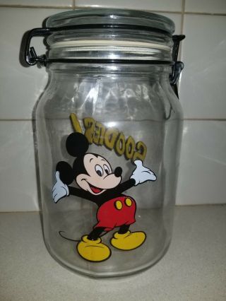 Disney Mickey Mouse Goodies Anchor Hocking Glass Jar Treat Candy Cookies Vintage