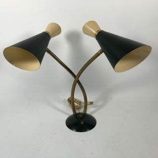 Vtg Mid Century Modern Double Goose Neck Cone Metal Lamp Atomic 50s Mcm Decor