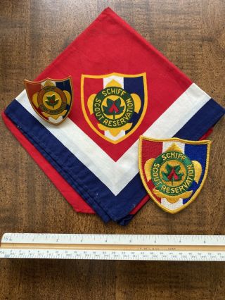 Vintage Bsa 1970’s Schiff Scout Reservation - Boy Scout - Neckerchief/patch/slide.