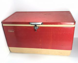 Vintage Large Red Coleman Cooler With Metal Handle & Inserts - Camping Fishing