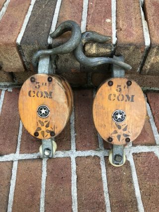 Pair (2) - Vintage Boston & Lockport Block Company 5 Wood And Rope Pulley